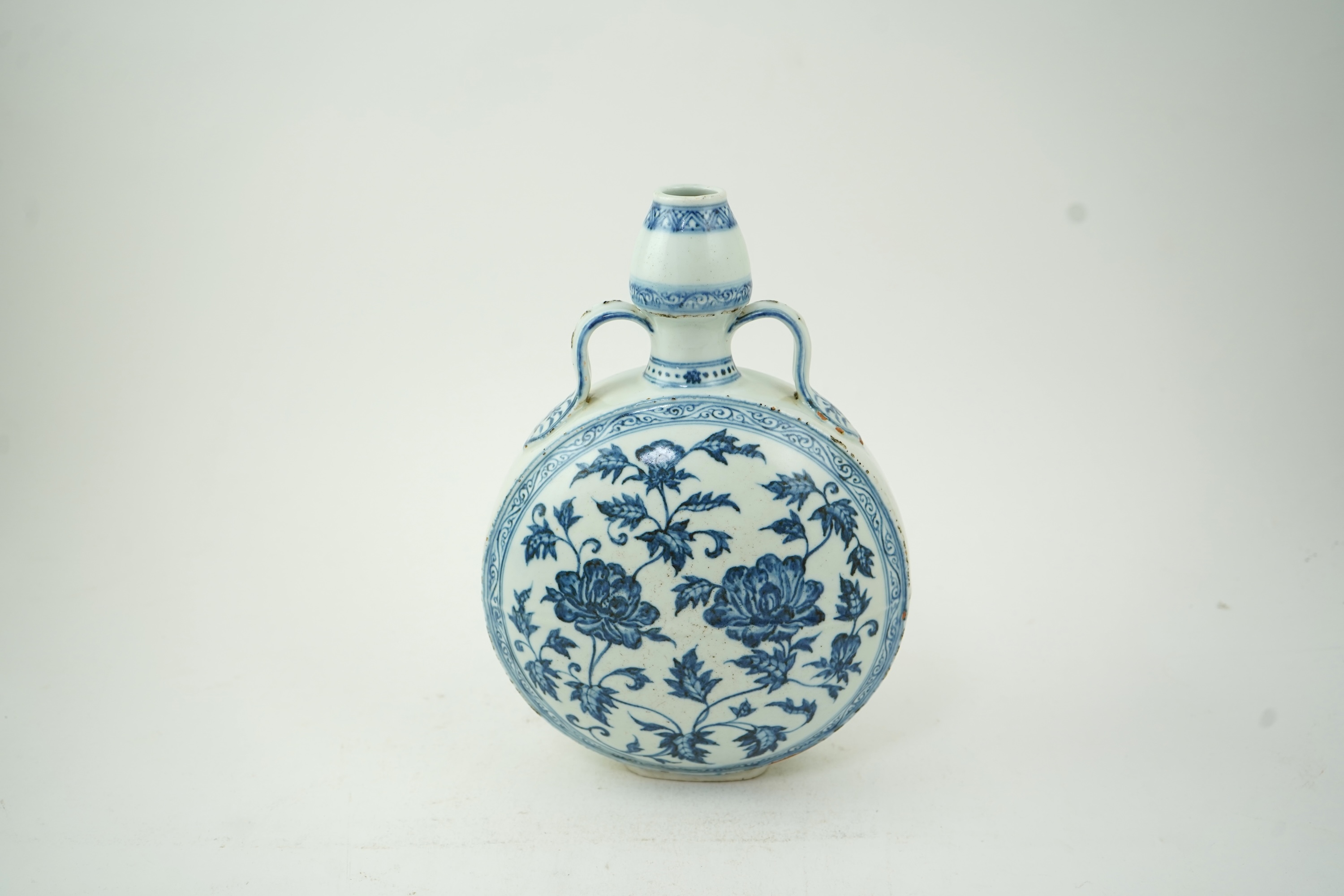 A Chinese blue and white moon flask, bianhu, in Ming style
